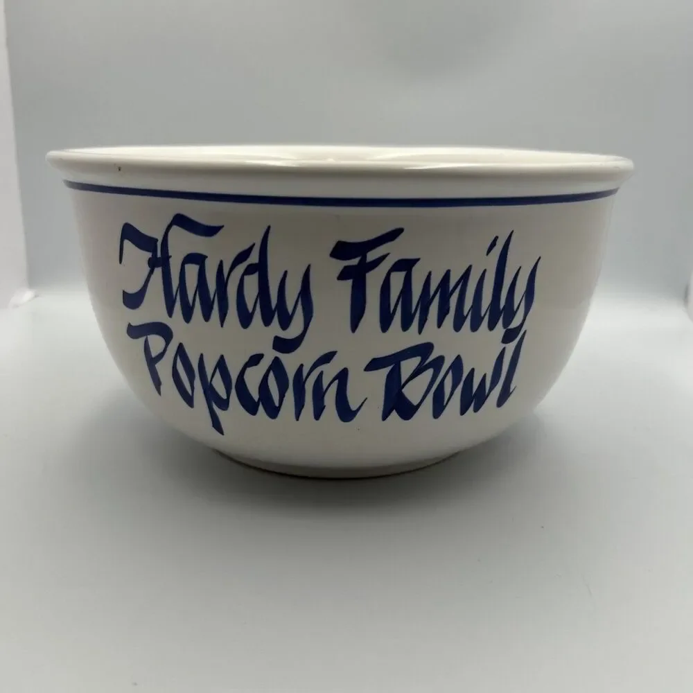 Vintage USA Pottery Family Popcorn Bowl Blue White Ceramic Large 10